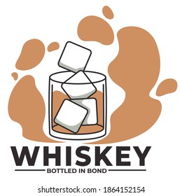 Bottled in bond, whiskey brewery and production of alcoholic beverage. Glass with drink, splashes and ice cubes. Inscription and composition, bar or restaurant menu with scotch. Vector in flat style