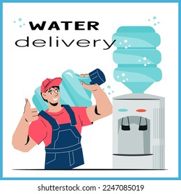 Bottled drinking water delivery and transportation service, flat vector illustration isolated on white background. Water delivery service advertising banner or poster template.