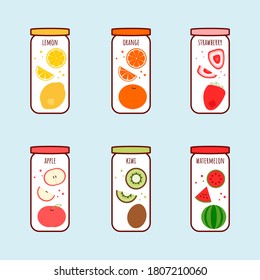 Bottled fruit drinks. Lemonade, Orange, Strawberry, Apple, Kiwi and Watermelon.