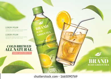 Bottled green tea ads with flying tea leaves in 3d illustration