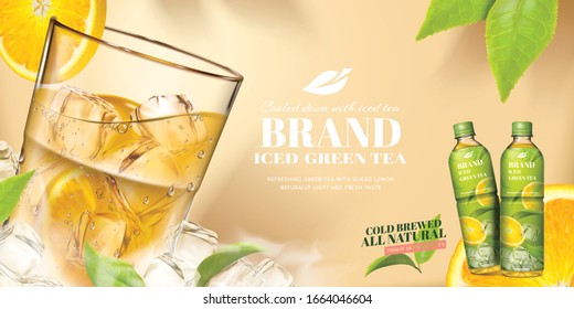 Bottled green tea ads with a glass of beverage and ice cubes in 3d illustration