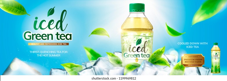 Bottled green tea banner ads with ice cubes elements in 3d illustration on blue sky background