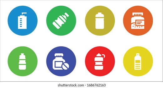 bottled icon set. 8 filled bottled icons.  Simple modern icons such as: Water bottle, Bottle