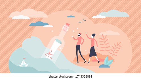 Bottled message vector illustration. Old knowledge scrolled in flask and sealed with cork flat tiny persons concept. Secret road map with advice note to treasure island. Old paper ocean journey symbol