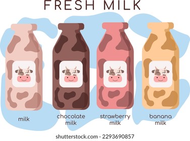 Bottled milk. The original design of bottles for milk. Strawberry, chocolate, banana milk. Vector image of bottles for print, menu, pattern, mockups.