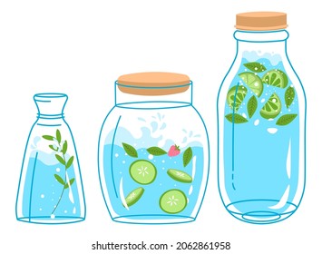 Bottled mineral or purified water, jars and containers with lemonade and slices of cucumber, mint and branches of herbs. Vegetarian and vegan alternatives. Dieting and detox. Vector in flat style