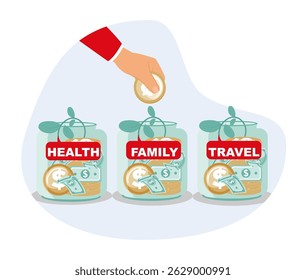 Bottled Money Savings. Manually Allocate Savings Between Health, Family, and Travel Goals.