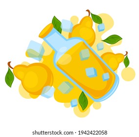 Bottled pear juice or smoothie mix, isolated container with fruits and ice cubes. Splashes of organic and natural drink, beverage for vegetarians and vegans, cocktail in shop. Vector in flat style