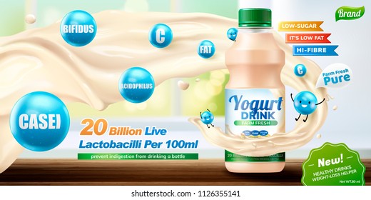 Bottled probiotic or yogurt drink with swirling liquid and cute blue creatures in 3d illustration, bokeh background