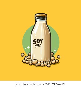 Bottled soy milk is served with soybean granules isolated vector illustration concept