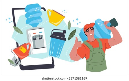 Bottled water delivery banner template with delivery man carries water for cooler, flat vector illustration on white. Water delivery, purification and cooler dispenser maintenance.