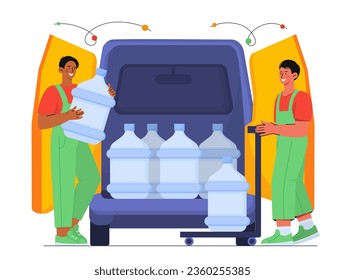 El concepto de agua embotellada. Hombres uniformados con botellas de plástico con líquido. Nutrientes cerca de la camioneta amarilla. Compras en línea y comercio electrónico. Afiche o pancarta. Dibujo vectorial plano de dibujos animados