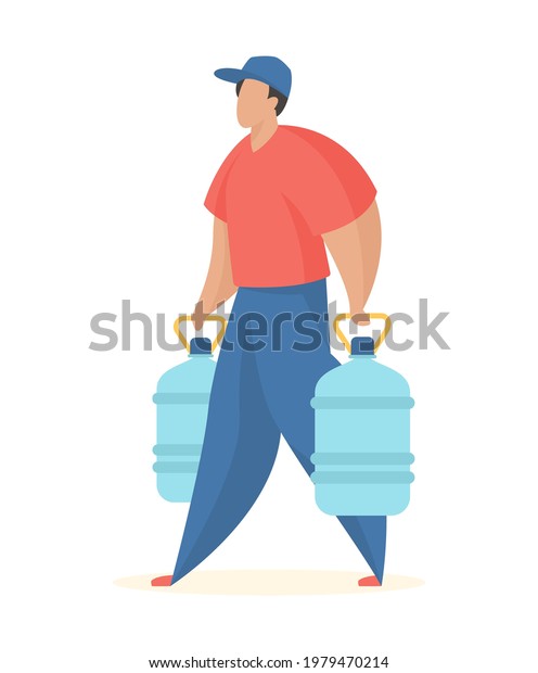 Bottled water delivery customer. Service\
worker carries full plastic bottles mineral water. Fast delivered\
with installation in coolers. Online orders arrival home and work.\
Vector flat\
illustration