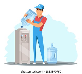 Bottled Water Delivery Flat Vector Illustration. Man In Uniform Standing Near Cooler Cartoon Character. Service Worker Changing Water Cooler Jug. Plastic Containers