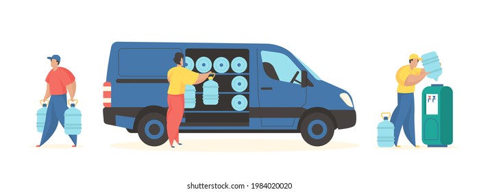 Bottled water delivery service. Male characters take out plastic tanks with mineral water from car and carry them customer. Replacing empty bottles in cooler. Vector flat illustration