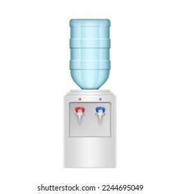 Bottled water dispenser or cooler realistic mockup. Office machine with installed upside down bottle with purified and filtered water, cooling and heating. 3d vector illustration