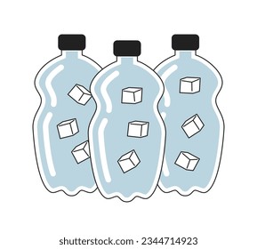Envase de agua embotellada monocromo objeto vectorial plano. Se apilan botellas de agua. Líquido con cubos de hielo. Icono de línea fina blanca y negra modificable. Ilustración puntual de clip de caricatura simple para diseño gráfico web