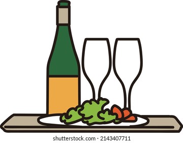 Bottled wine and two glasses and salad