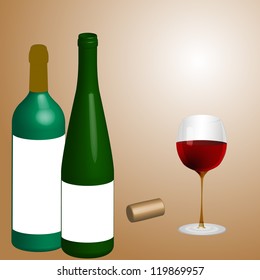 Bottlels, cork and glass of wine
