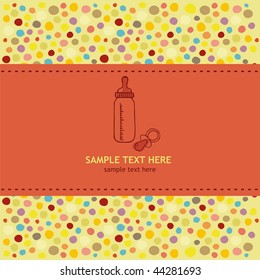 bottle-milk and pacifier in a baby postcard over a funny and multicolor background