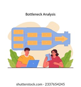 Bottleneck analysis. Business processes optimization. Identification of constraints and inefficiencies in a company for better business optimization, development and growth. Flat vector illustration