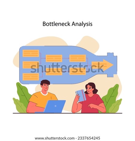 Bottleneck analysis. Business processes optimization. Identification of constraints and inefficiencies in a company for better business optimization, development and growth. Flat vector illustration