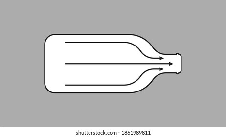 Botella de cuello de botella. Flechas para la dirección de la salida líquida del cuello del recipiente de vidrio de estrechamiento del frasco para facilitar el vertido y el consumo de forma conveniente para el transporte y la transferencia de vectores.