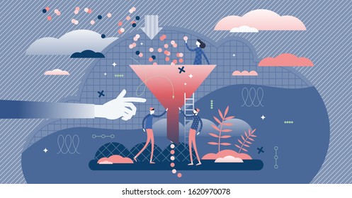 Bottleneck business management problem concept, flat tiny persons vector illustration. Stylized abstract funnel graphic with symbolic data filtering process. Deep blue color creative graphic elements