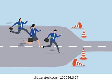 Bottleneck make business run slow, Business individuals sprint along broad path to arrive at tight, sluggish bottleneck. 