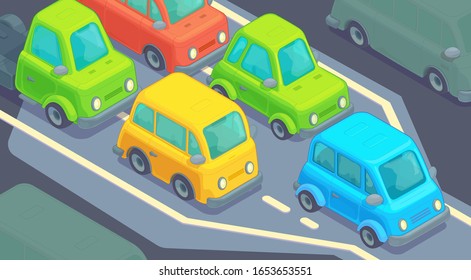 Bottleneck Traffic Jam. Road Dence Traffic On Motorway Or Highway. Different Car On Road. Isometric Vector Illustration