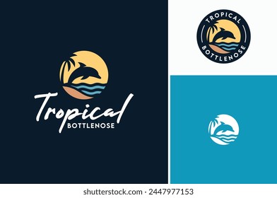 A bottlenose dolphin with palm tree, sun, ocean sea waves and beach sand for aquatic sealife wildlife conservation logo design.