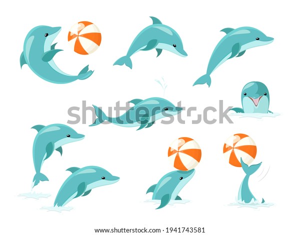 Bottlenose Dolphin Performing Tricks\
Set of Illustrations. Cute blue dolphins set, dolphin\
jumping