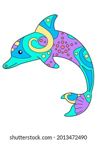 Bottlenose dolphin - vector linear full color zentangle illustration - with sea animal living in the ocean. Template for stained glass, batik or coloring. Dolphin painted with zentangles