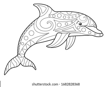 Bottlenose dolphin - zentangle antistress coloring book - vector linear picture for coloring. Sea animal - bottlenose dolphin - antistress for marine coloring book. Outline. Hand drawing.