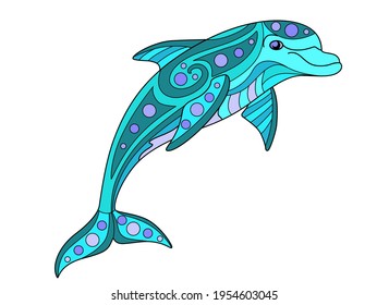 Delfín de nariz botella - ilustración de color lineal vectorial. Salto Dolphin - vidrio multicolor o batik. Imagen para imprimir en vidrio y otros materiales transparentes. Mosaico marino