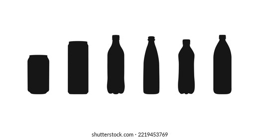 Bottleof water, vector can of soda icon set. Plastic and aluminum bottled beverage symbol. Water, beer, soda and juice silhouette.