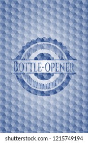 Bottle-opener blue emblem or badge with abstract geometric pattern background.