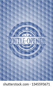 Bottle-opener blue emblem or badge with geometric pattern background.