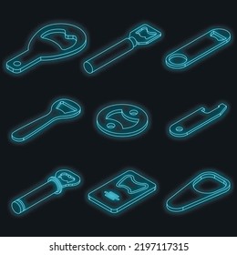 Bottle-opener icons set. Isometric set of bottle-opener vector icons neon color on black