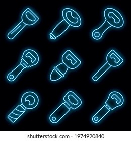 Bottle-opener icons set. Outline set of bottle-opener vector icons neon color on black