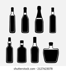 Botellas para bebidas alcohólicas. Iconos de champán, vino tinto y blanco, licor, whisky, etc. Silhouettes negras de botellas. Ilustración vectorial. 