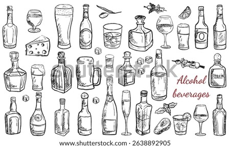 Bottles with alcohol drinks, lunch in in black brush stroke texture isolated on white. Hand drawn vector sketch illustration in vintage charcoal ink. Tequila, whiskey, brandy, rum, champagne bottles