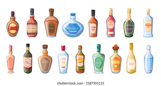 Las botellas de bebidas alcohólicas constituyen la ilustración vectorial. Bar de dibujos animados restaurante o pub colección de alcoholes para beber en fiesta, vino tequila y tequila aislados, cerveza y licor, brandy y champán