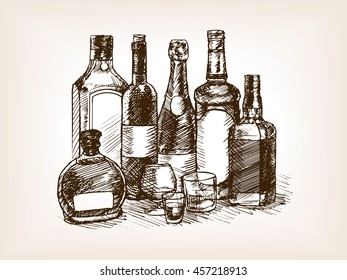 Bottles of alcohol drinks sketch style vector illustration. Old engraving imitation.