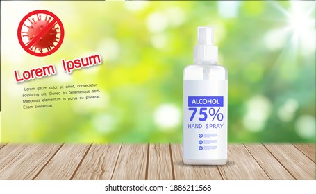 Bottles of alcohol hand spray on wood table and Sign Stop coronavirus on nature wall background,product for clean and safety during the outbreak of Corona virus, COVID-19.