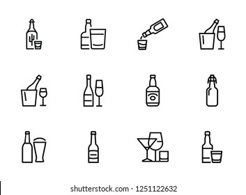 Bottles Of Alcohol Line Icon Set. Glass, Shot, Flute, Spirits. Alcoholic Drinks Concept. Can Be Used For Topics Like Restaurant, Bar, Pub, Addiction