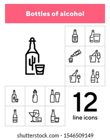 Bottles of alcohol line icon set. Glass, shot, flute, spirits. Alcoholic drinks concept. Can be used for topics like restaurant, bar, pub, addiction