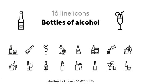 Bottles of alcohol line icon set. Glass, shot, flute, spirits. Alcoholic drinks concept. Can be used for topics like restaurant, bar, pub, addiction