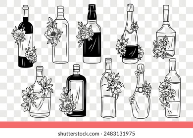 Bottles of alcohol from restaurant bar with wine list are decorated with flower buds. Bottles for vodka and cognac or beer and tequila for party in honor of spring holidays. Hand drawn doodle