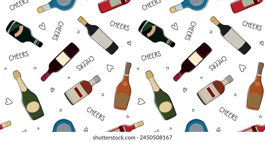 Bottles of alcohol seamless pattern. Hand drawn alcohol pattern with doodle elements. Different shapes and colors of bottles. Wallpaper, background, wrapping paper